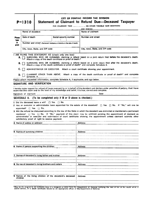 Form P1310 - Statement Of Claimant To Refund Due Deceased Taxpayer Printable pdf