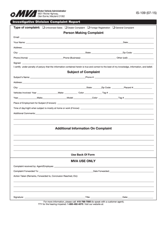 Fillable Form Is-109 (07-15) - Investigative Division Complaint Report Printable pdf