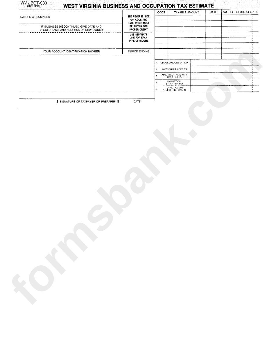 Form Bot300 - Business And Occupation Tax Estimate