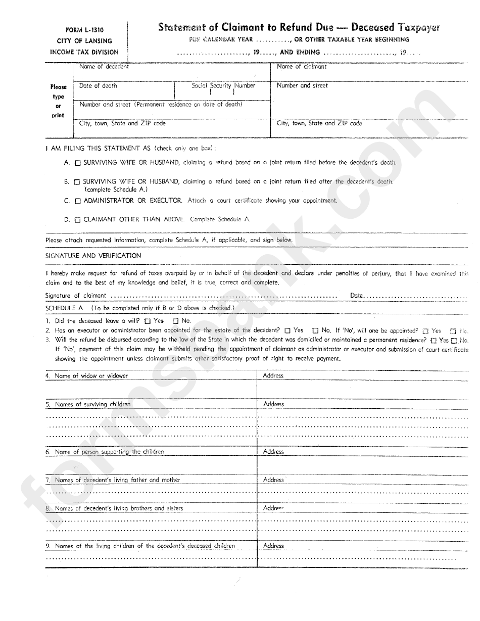 Form L1310 - Statemant Of Claimant To Refund Due Deceased Taxpayer