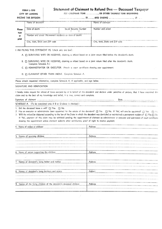 Form L1310 - Statemant Of Claimant To Refund Due Deceased Taxpayer Printable pdf