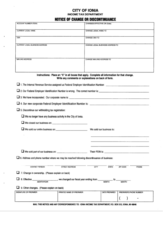 Fillable Notice Of Change Or Discontinuance Form Printable pdf
