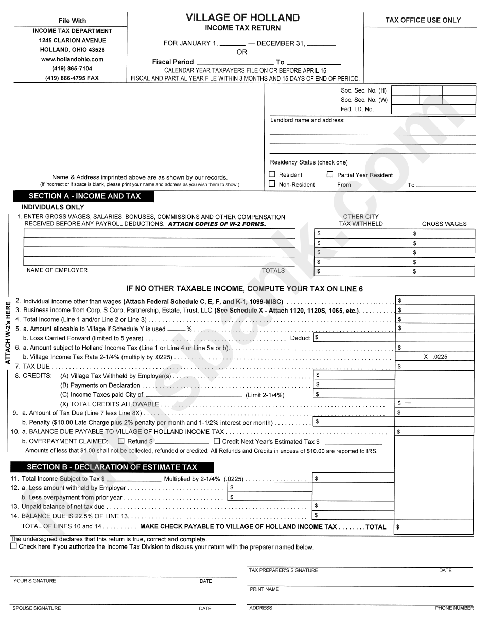 Village Of Holland Income Tax Return Form