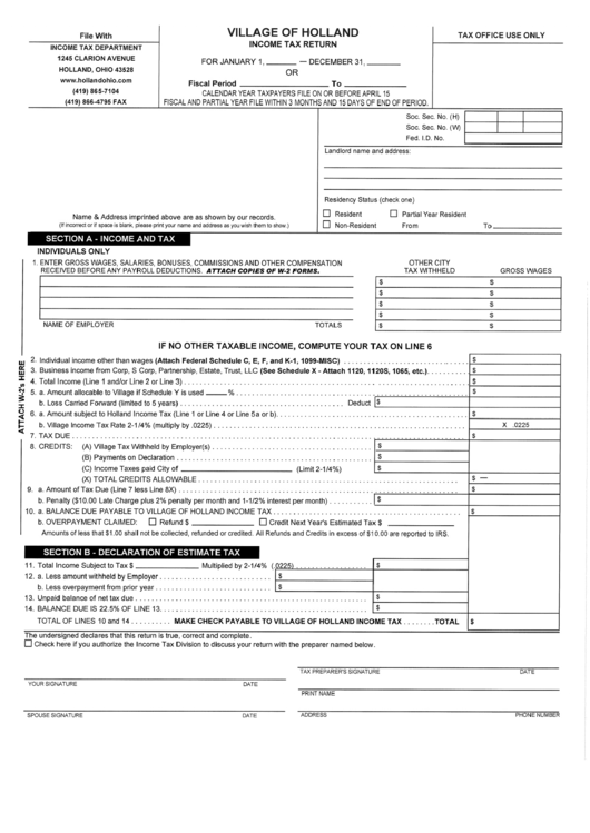 Village Of Holland Income Tax Return Form Printable pdf