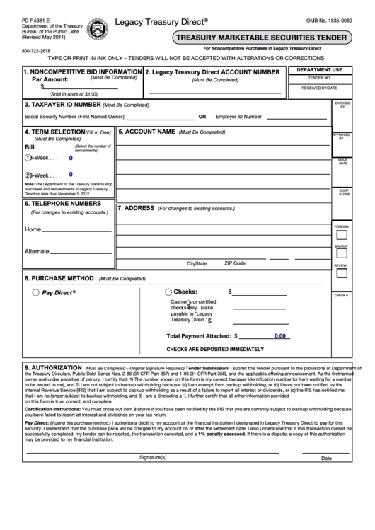 Fillable Form Pd F 5381 E - Treasury Marketable Securities Tender - 2011 Printable pdf