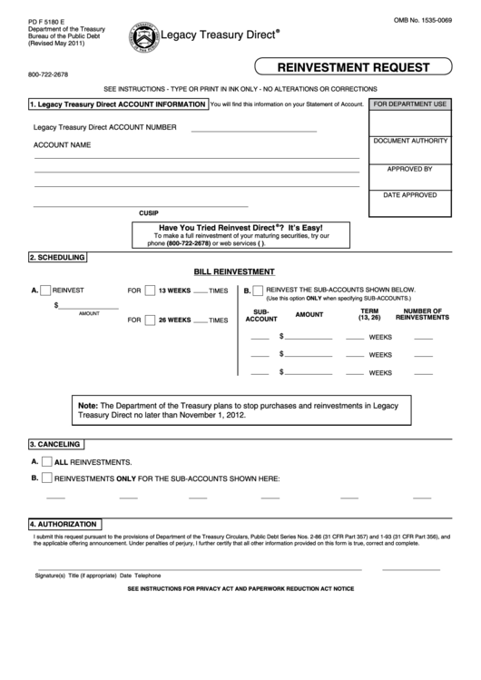 Fillable Form Pd F 5180 E - Reinvestment Request - 2011 Printable pdf