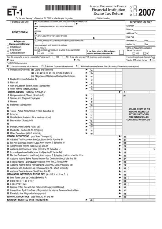 Fillable Form Et-1 - Financial Institution Excise Tax Return - 2007 Printable pdf