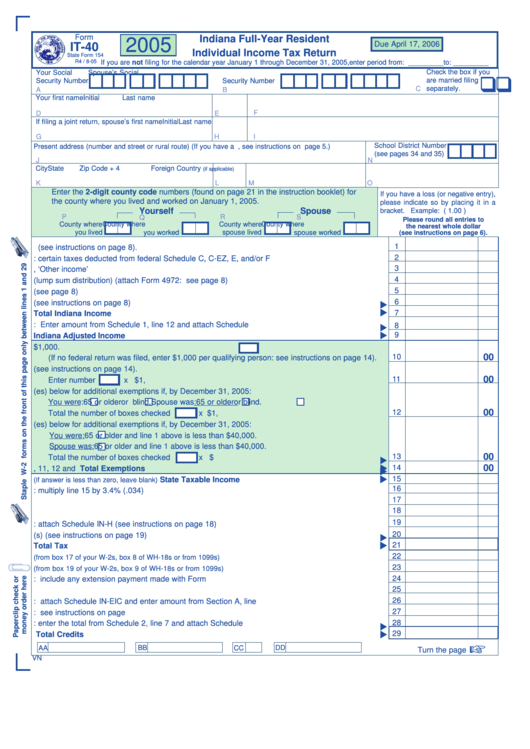 Form It-40 - Individual Income Tax Return - 2005 Printable pdf