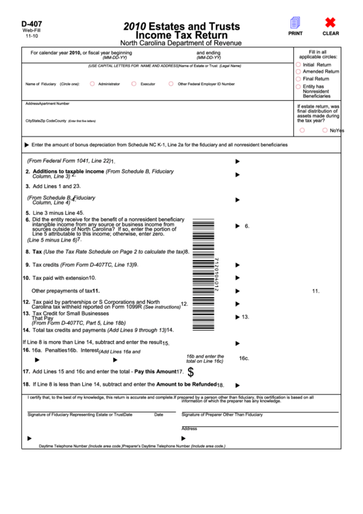 Fillable Form D-407 - Estates And Trusts Income Tax Return - 2010 Printable pdf