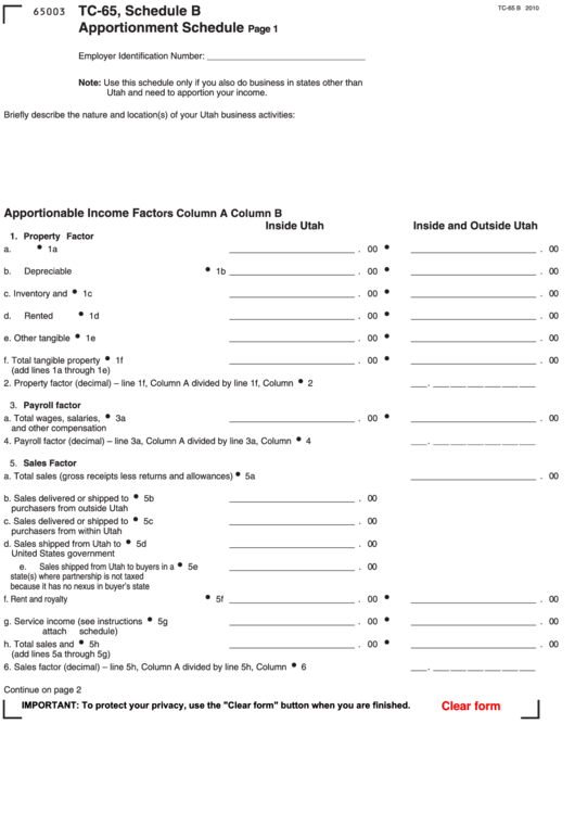 Fillable Form Tc-65 - Schedule B - Apportionment Schedule - 2010 Printable pdf