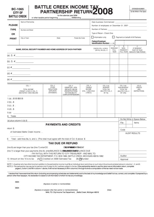Form Bc-1065 - Battle Creek Income Tax Partnership Return - 2008 Printable pdf