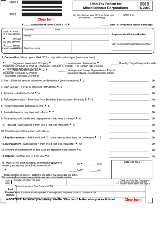 Fillable Form Tc-20mc - Utah Tax Return For Miscellaneous Corporations ...