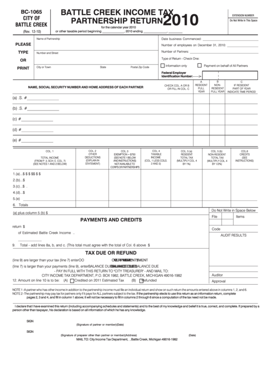 Form Bc-1065 - Battle Creek Income Tax Partnership Return - 2010 Printable pdf