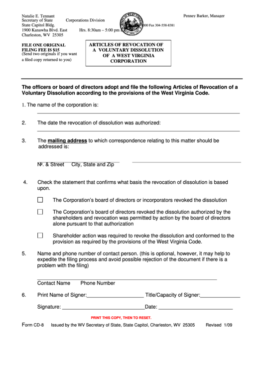 Fillable Form Cd-8 - Articles Of Revocation Of A Voluntary Dissolution Of A West Virginia Corporation Printable pdf