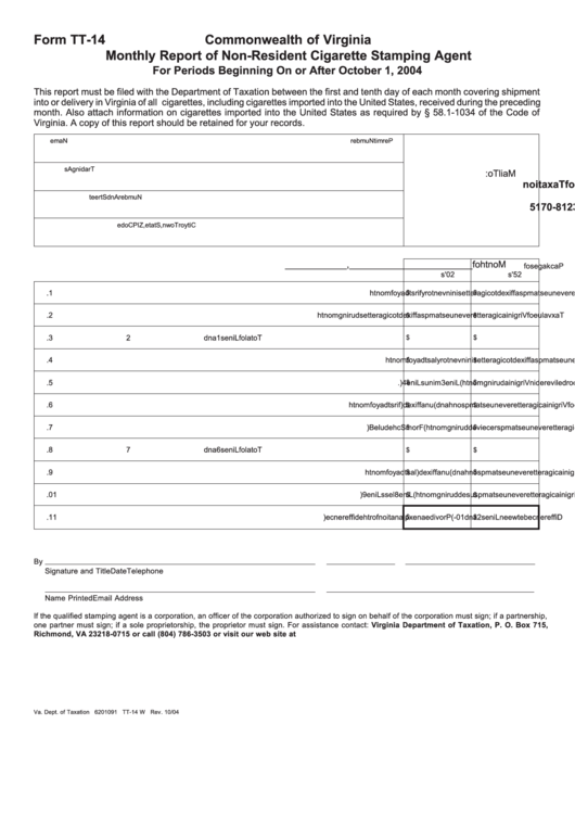 Form Tt-14 - Monthly Report Of Non-Resident Cigarette Stamping Agent - 2004 Printable pdf