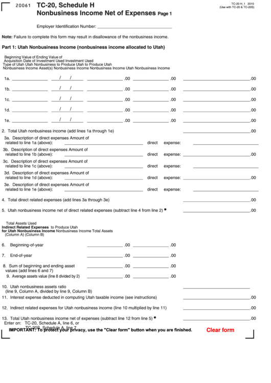 Fillable Form Tc-20, Schedule H - Nonbusiness Income Net Of Expenses Printable pdf