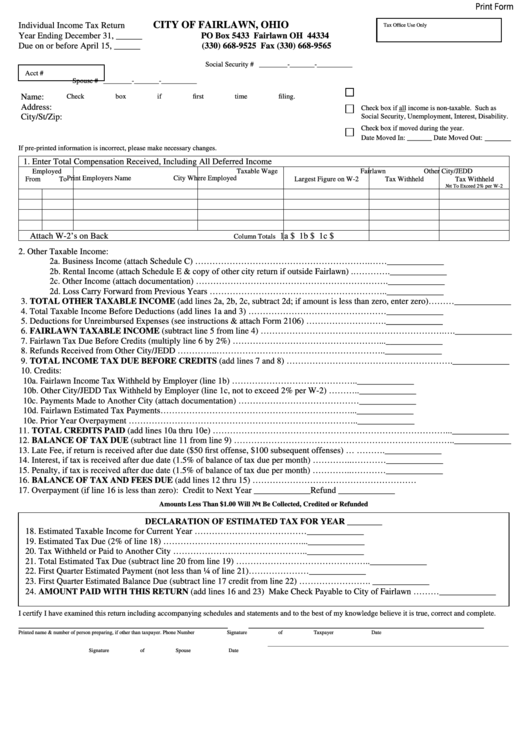 Fillable Individual Income Tax Return Form City Of Fairlawn, Ohio Printable pdf