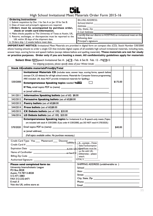 High School Invitational Meet Materials Order Form 2015-16