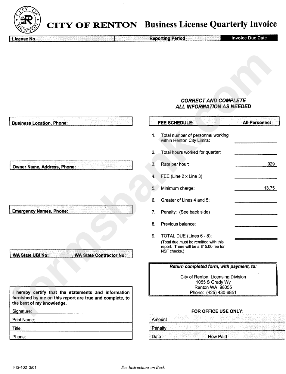 Form Fis-102 - Business License Quarterly Invoice March 2001