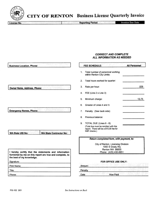 Form Fis-102 - Business License Quarterly Invoice March 2001 Printable pdf