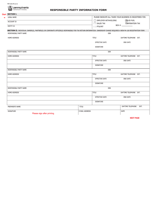 Fillable Responsible Party Information Form - 2011 Printable pdf