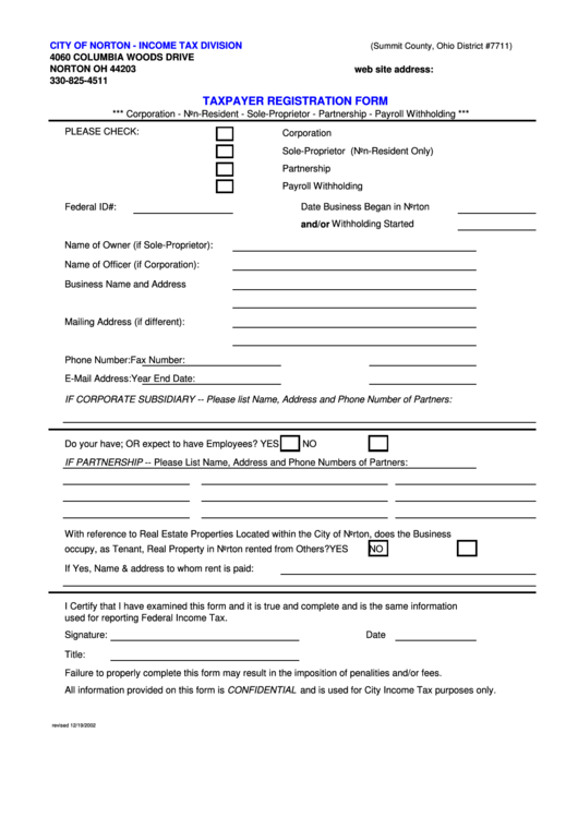 Fillable Taxpayer Registration Form December 2002 Printable pdf