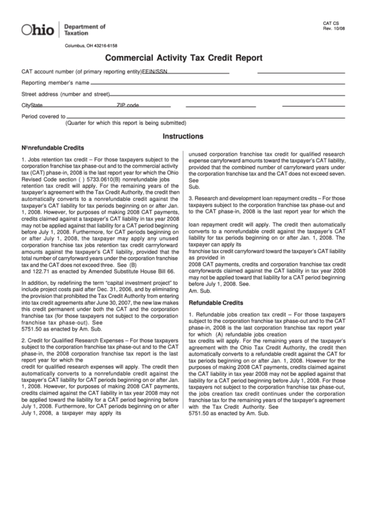 Form Cat Cs - Commercial Activity Tax Credit Report - 2008 Printable pdf