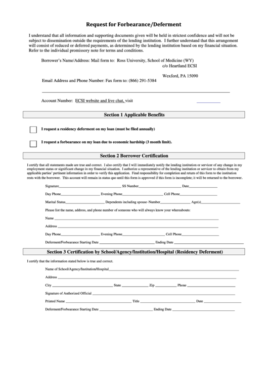 Request For Forbearance/deferment Form Printable pdf
