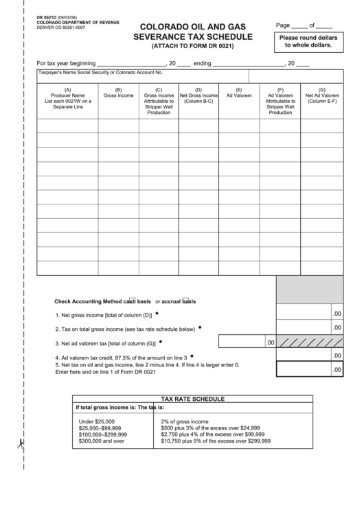 Form Dr 0021d - Colorado Oil And Gas Severance Tax Schedule - 2009 Printable pdf