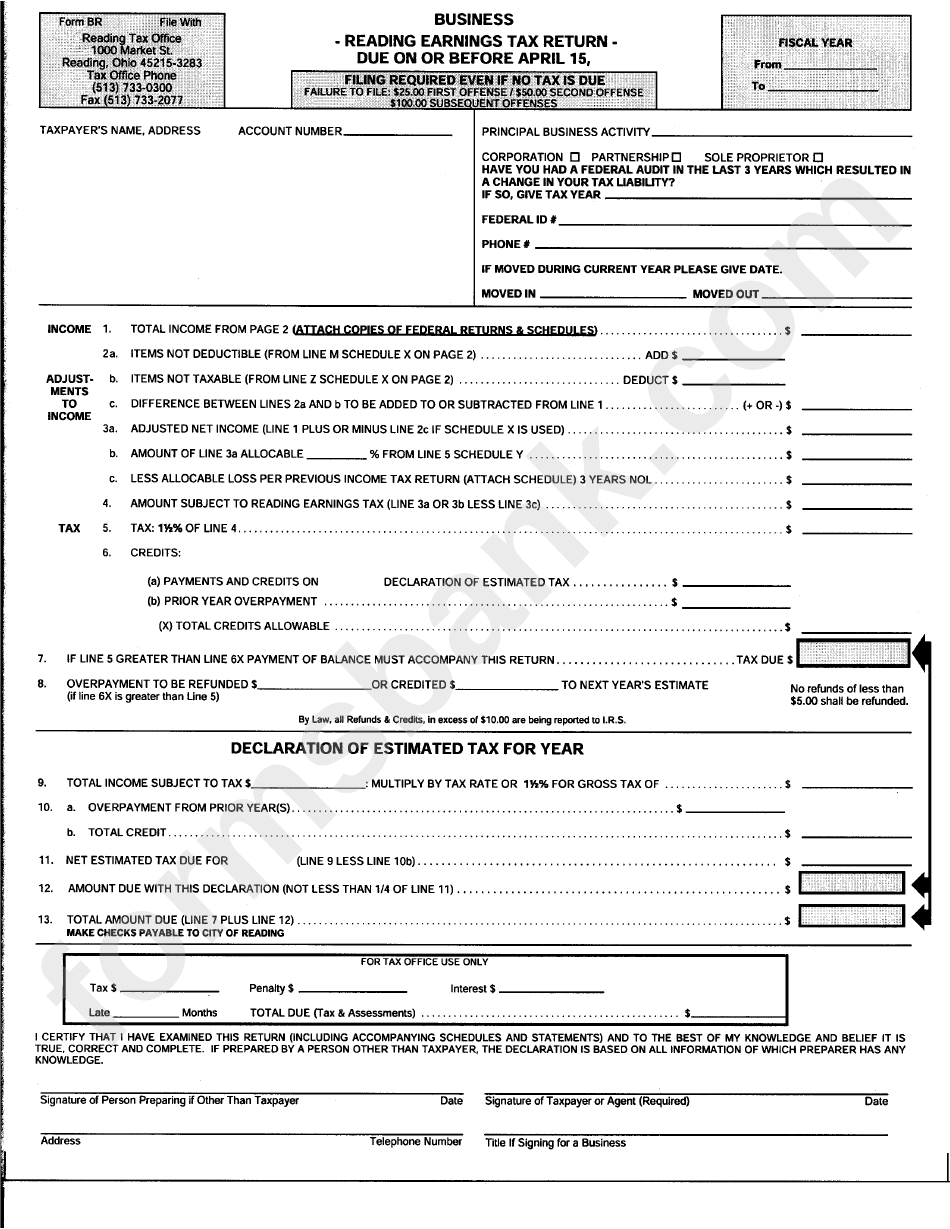 Form Br - Reading Earnings Tax Return Form - Reading Tax Office - Ohio
