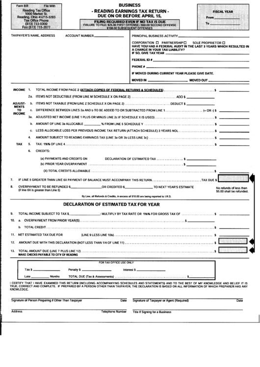 Form Br - Reading Earnings Tax Return Form - Reading Tax Office - Ohio Printable pdf