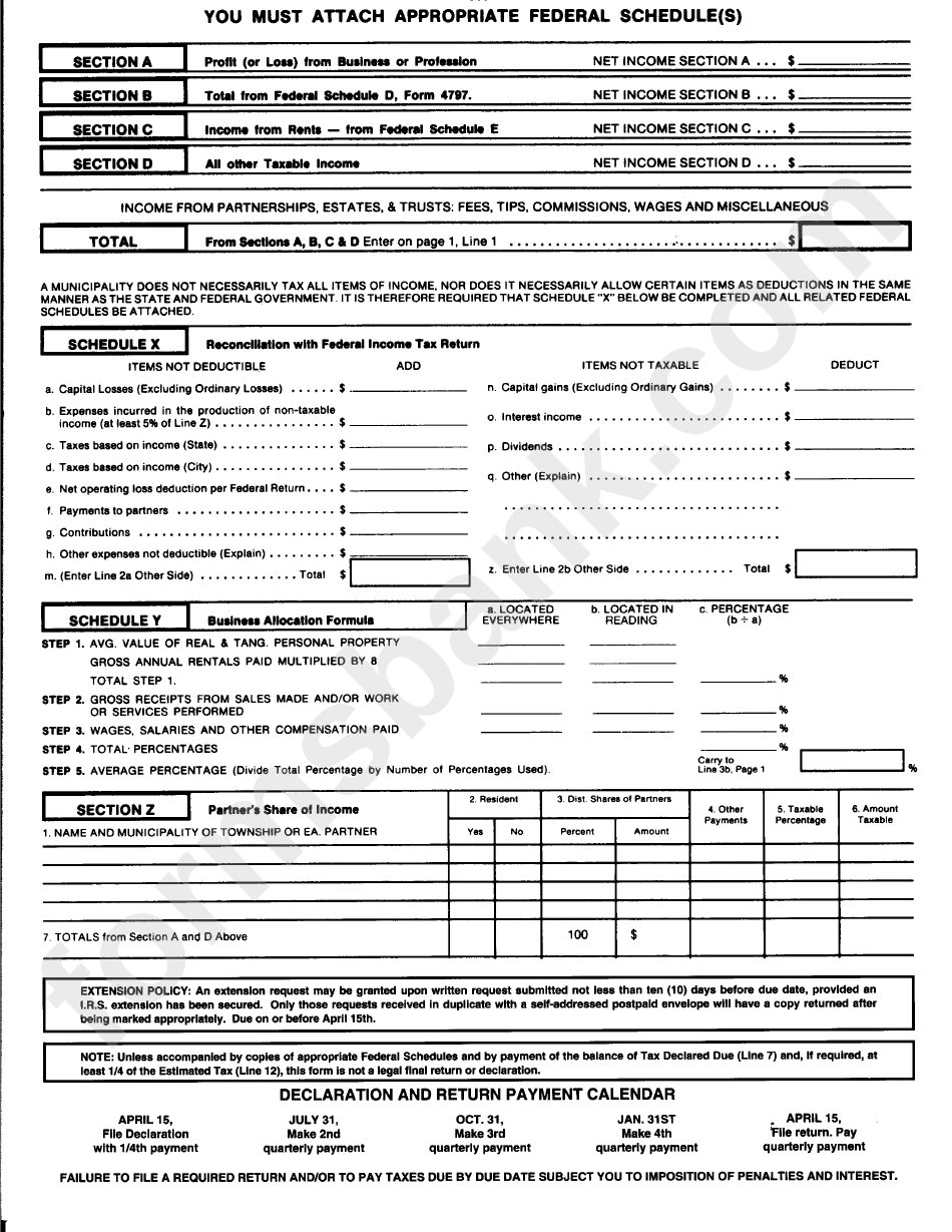 Form Br - Reading Earnings Tax Return Form - Reading Tax Office - Ohio