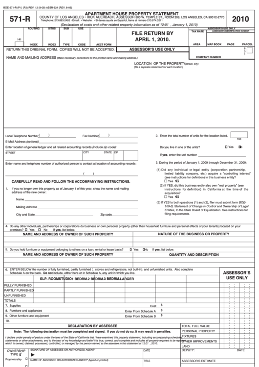 Form 571-R - Apartment House Property Statement - 2010 Printable pdf