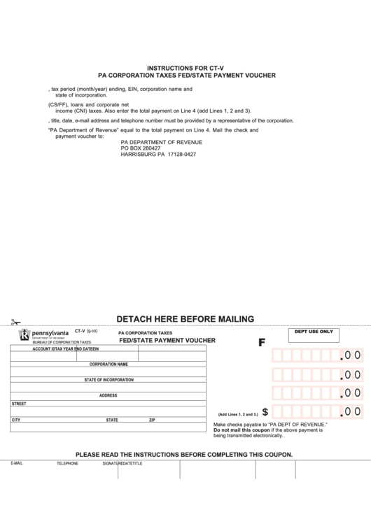 Form Ct-V - Fed/state Payment Voucher - 2010 Printable pdf