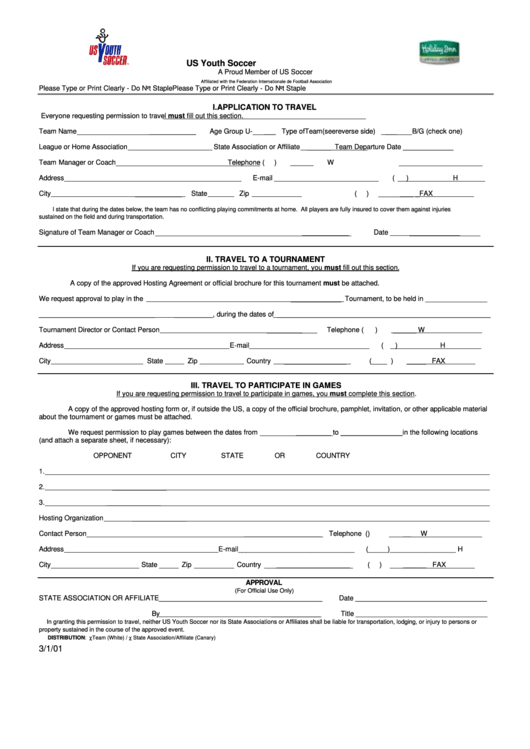 Fillable Us Youth Soccer Application To Travel Form Printable pdf
