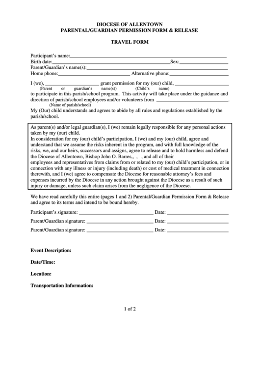 Parental/guardian Permission Form And Release - Travel Form And Medical Matters Printable pdf