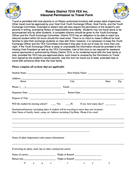 Inbound Permission To Travel Form Printable pdf