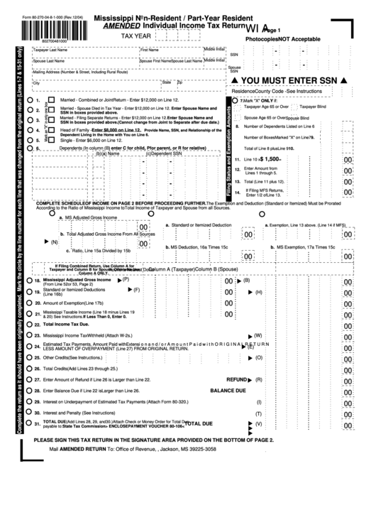 Form 80-270-04-8-1-000 - Mississippi Non-Resident / Part-Year Resident Amended Individual Income Tax Return Form - Office Of Revenue Printable pdf