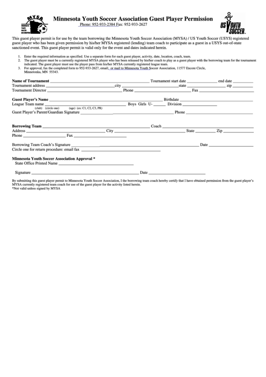 Fillable Minnesota Youth Soccer Association Guest Player Permission Form Printable pdf