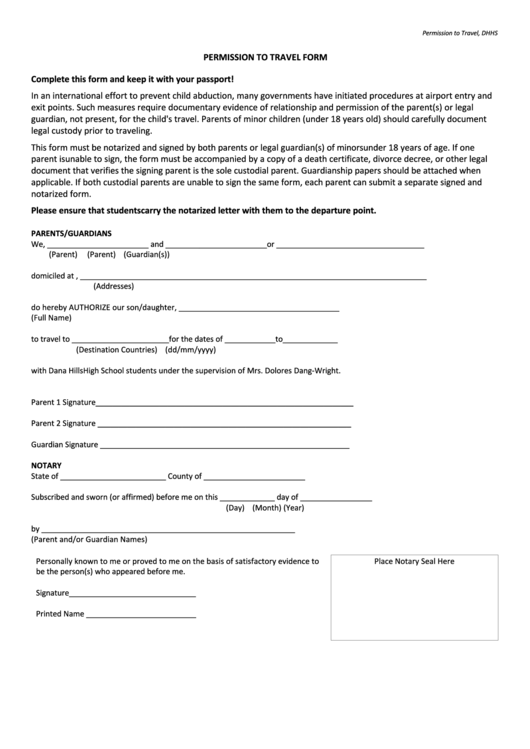 Form Dhhs - Permission To Travel Form Printable pdf