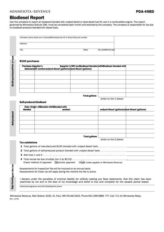 Form Pda-49bd - Biodiesel Report Form - Department Of Revenue - Minnesota Printable pdf