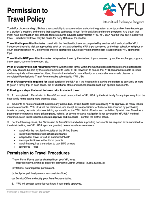 Yfu International Student Form For Permission To Travel Printable pdf