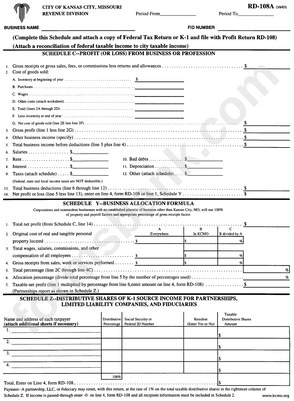 Form Rd-108a - Schedule C-Profit (Or Loss) From Business Or Profession Form - Revenue Division - Kansas City - Missouri