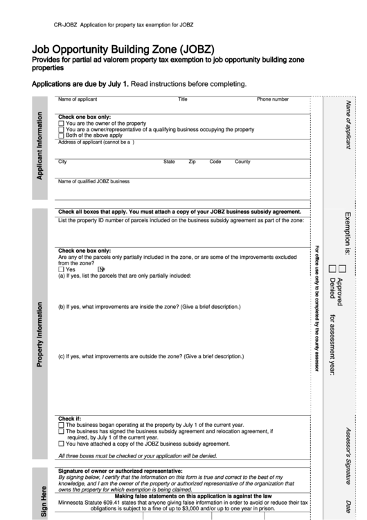 Fillable Form Cr-Jobz - Job Opportunity Building Zone (Jobz) Application Form - Department Of Employment And Economic Development Printable pdf