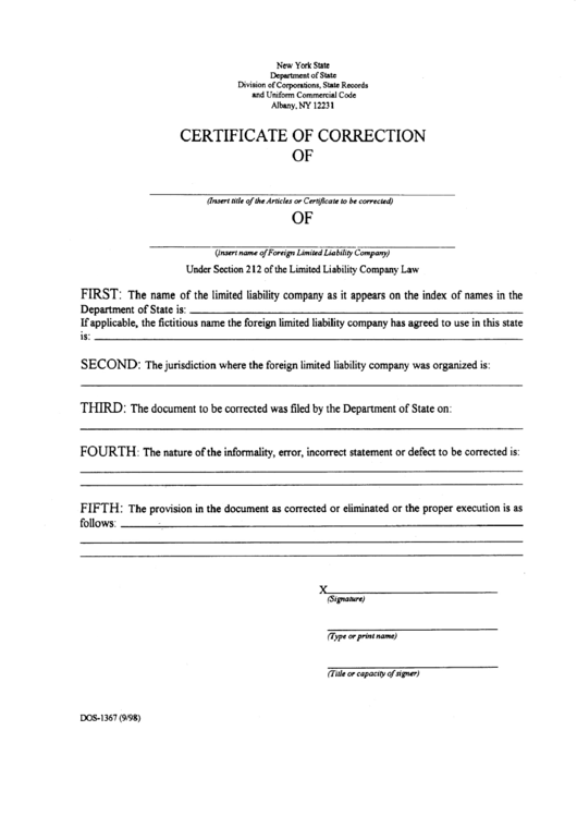 Form Dos-1367 - Certificate Of Correction September 1998 Printable pdf
