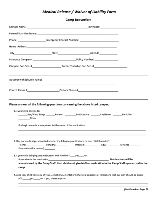 Medical Release / Waiver Of Liability Form Printable pdf