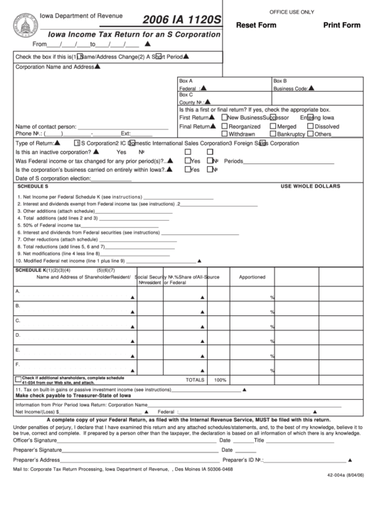 Fillable Form Ia 1120s - Iowa Income Tax Return For An S Corporation - 2006 Printable pdf