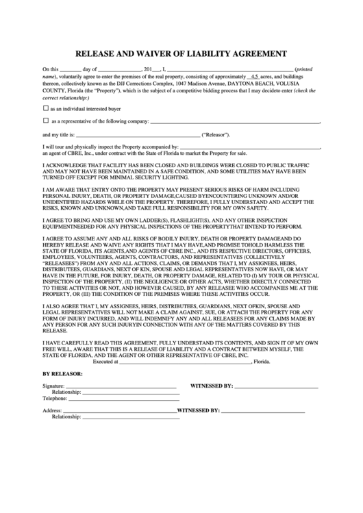 Release And Waiver Of Liability Agreement Form Printable pdf
