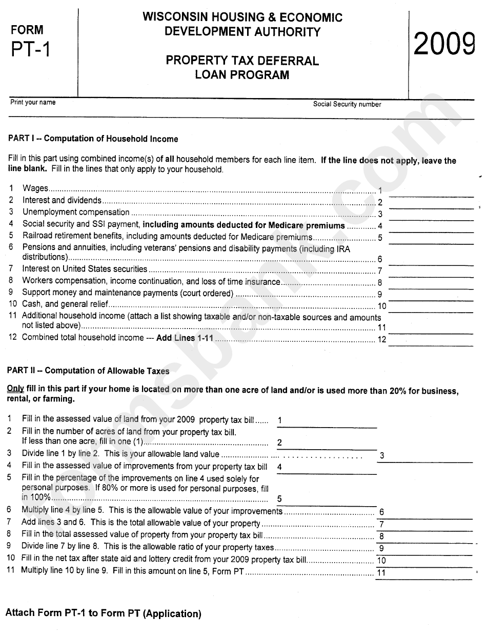 Form Pt-1 - Property Tax Deferral Loan Program Form (2009) - Wisconsin Housing & Economic Development Authority