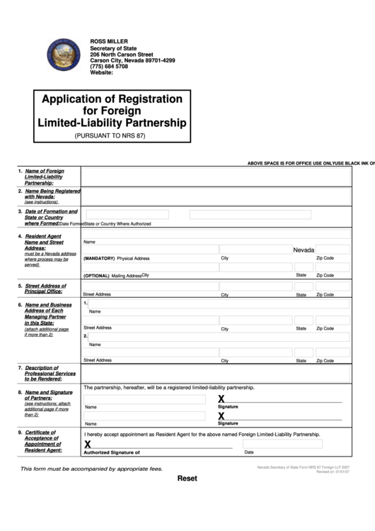 Fillable Form Nrs 87 - Application Of Registration Limited-Liability Partnership - January 2007 Printable pdf